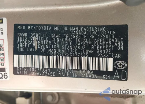 2005 Toyota Corolla Ce from USA, damaged, VIN 2T1BR32E85C437525